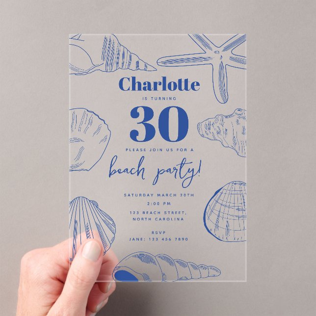 Blue White Sea Shells Beach Summer Birthday Party Acrylic Invitations (Insitu (Handheld))