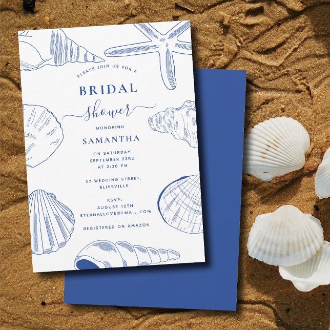Blue White Sea Shells Beach Summer Bridal Shower Invitation (Blue White Sea Shells Beach Summer Bridal Shower Invitation)