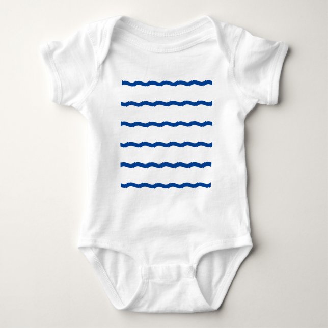 Blue white sea waves stripes nautical pattern baby bodysuit (Front)