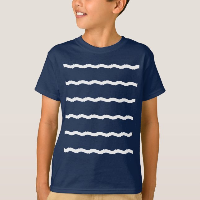 Blue white sea waves stripes nautical pattern T-Shirt (Front)