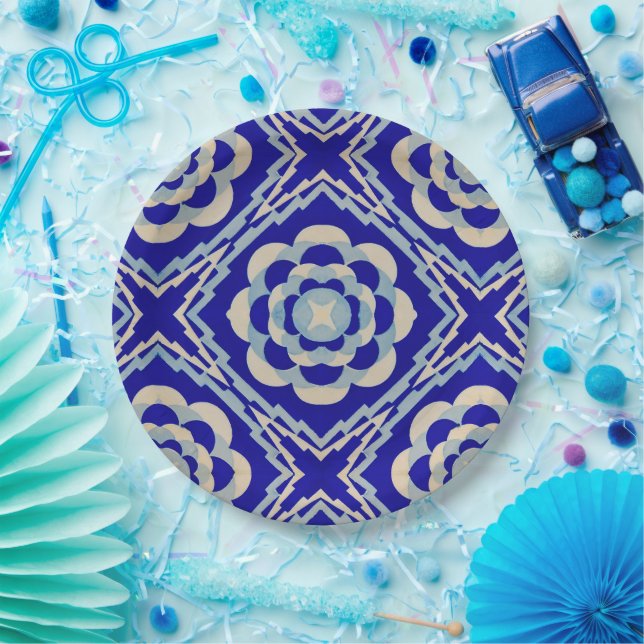 Blue White Seamless Kaleidoscope Diamond Paper Plate (Party)