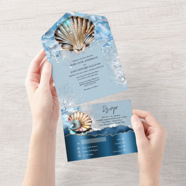 Blue white seashells ocean waves iridescent beach all in one invitation (Tearaway)