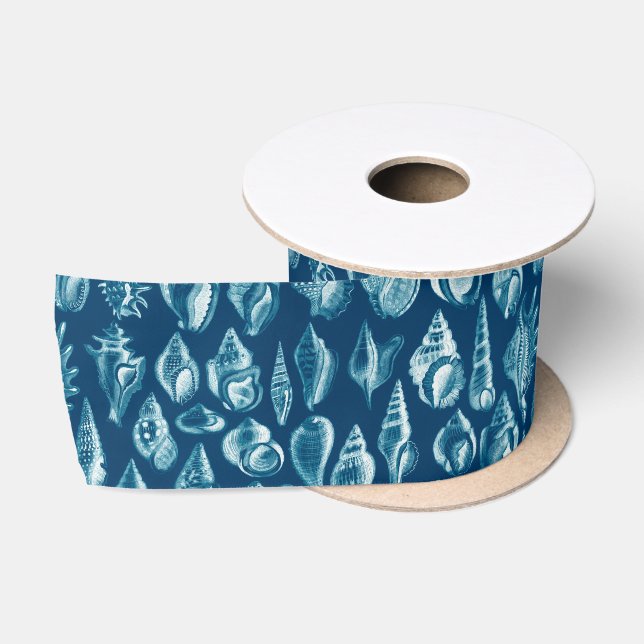Blue & White Seashells Pattern Satin Ribbon (Spool)