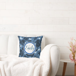 Blue & White Shibori Circle Tie Dye Monogram Name Cushion