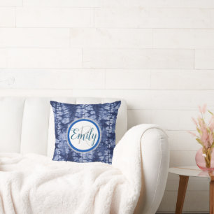 Blue & White Shibori Circle Tie Dye Monogram Name Cushion