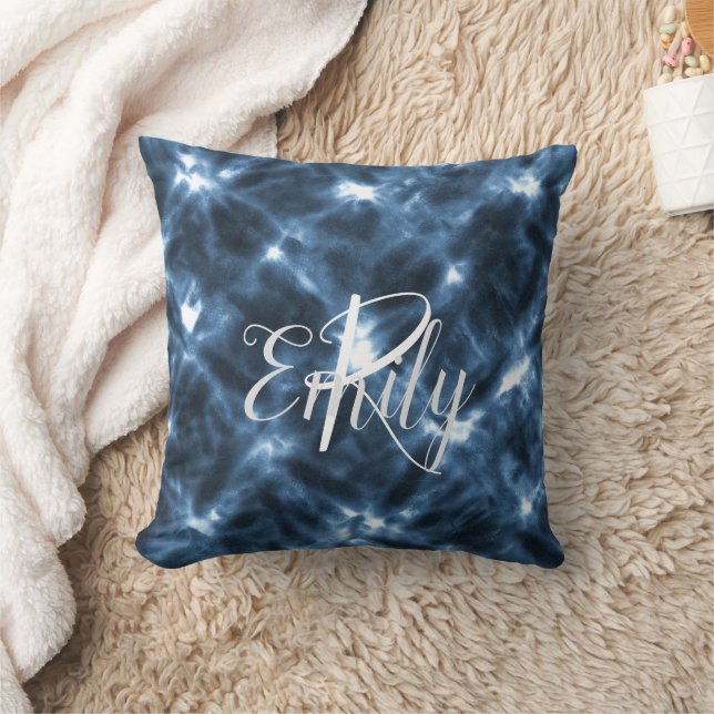 Blue & White Shibori Tie Dye Monogram Name Cushion (Blanket)