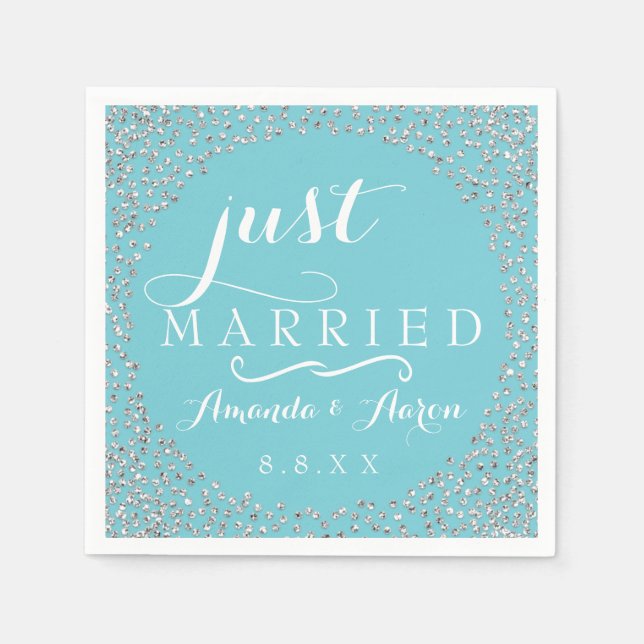 Blue White Silver Confetti Wedding Just Married Napkin (Front)