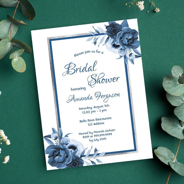Blue white silver floral bridal shower invitation postcard (Creator Uploaded)