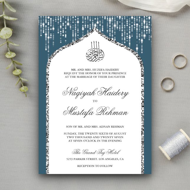 Blue White Silver Glitter Arch Muslim Wedding Invitation (Creator Uploaded)
