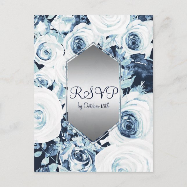 Blue White Silver Winter Wedding Elegant RSVP Invitation Postcard (Front)