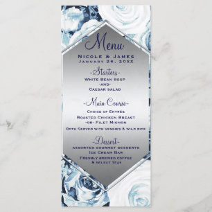 Blue White Silver Winter Wedding Vintage Rose Menu