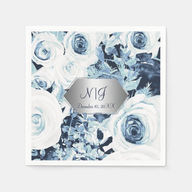 Blue White Silver Winter Wedding Vintage Roses Napkin (Front)