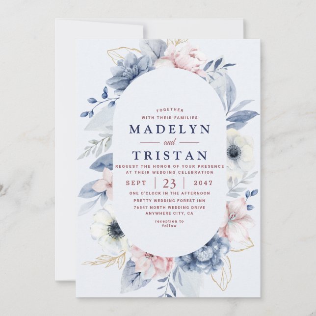 Blue White Simple Floral Minimalist photo Wedding Invitation (Front)