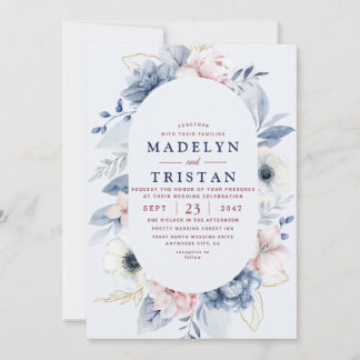 Blue White Simple Floral Minimalist photo Wedding Invitation