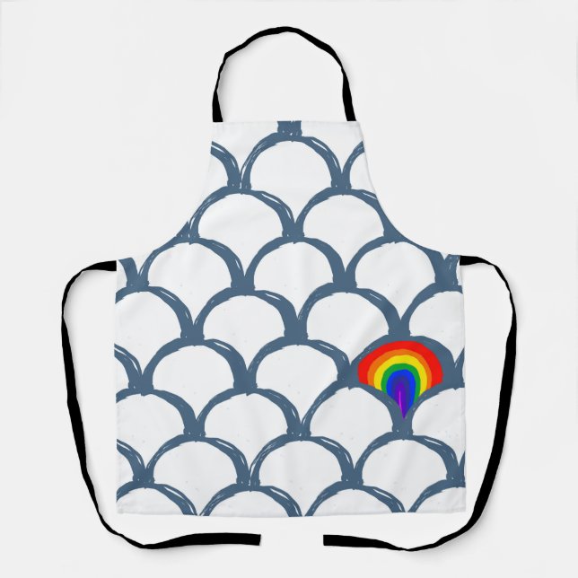 Blue & White Sketch Scallop Pattern & Rainbow  Apron (Front)