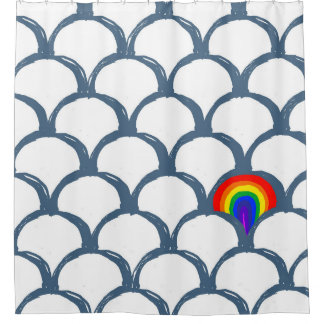 Blue & White Sketch Scallop Pattern & Rainbow Shower Curtain