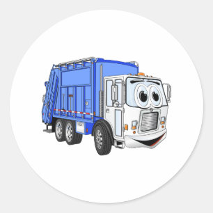 Blue White Smiling Garbage Truck Cartoon Classic Round Sticker
