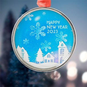 Blue White Snow House Happy New Year 2023 Metal Tree Decoration