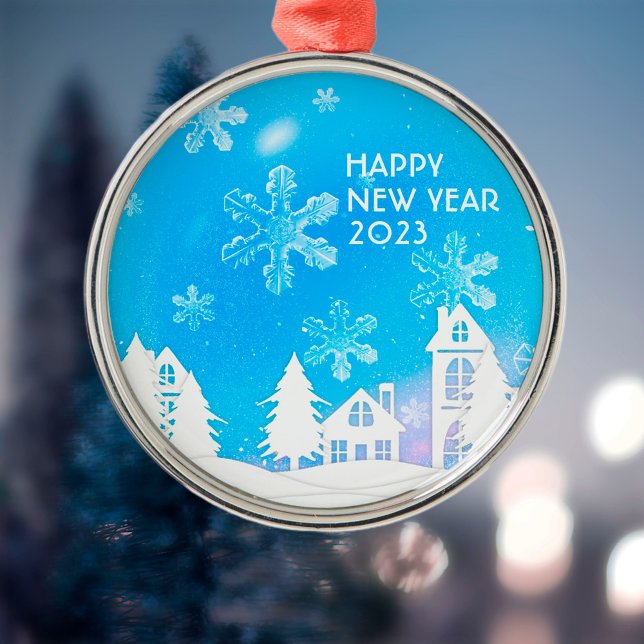 Blue White Snow House Happy New Year 2023  Metal Tree Decoration (Creator Uploaded)