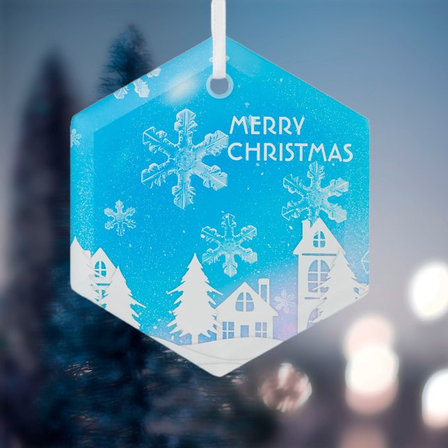 Blue White Snow House Merry Christmas Glass Tree Decoration (Creator Uploaded)