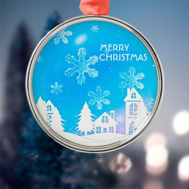 Blue White Snow House Merry Christmas  Metal Tree Decoration (Creator Uploaded)