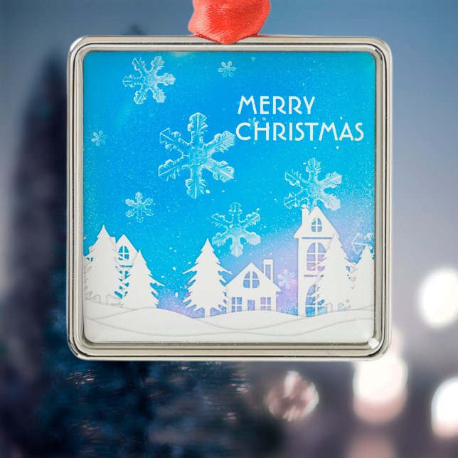 Blue White Snow House Merry Christmas  Metal Tree Decoration (Creator Uploaded)