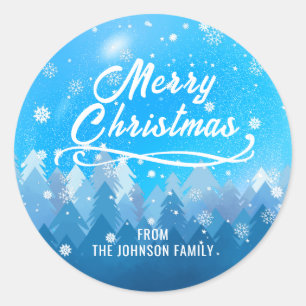 Blue White Snow Peaceful Forest Merry Christmas Classic Round Sticker