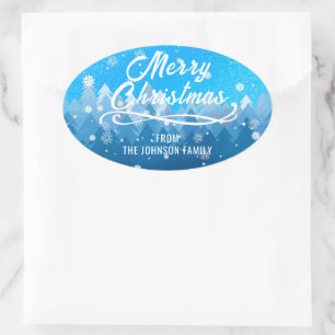 Blue White Snow Peaceful Forest Merry Christmas Oval Sticker