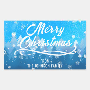 Blue White Snow Peaceful Forest Merry Christmas Rectangular Sticker