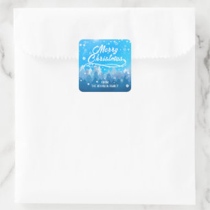 Blue White Snow Peaceful Forest Merry Christmas Square Sticker