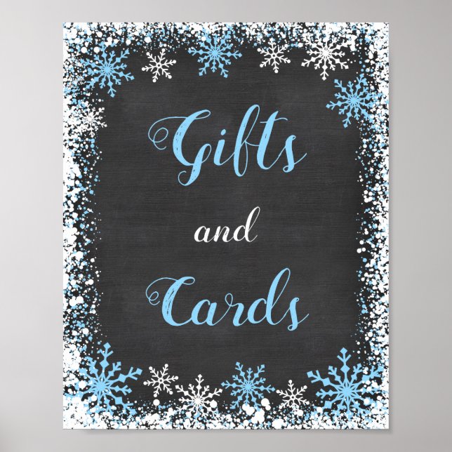 Blue White Snowflake Baby Shower Gift Table Sign (Front)