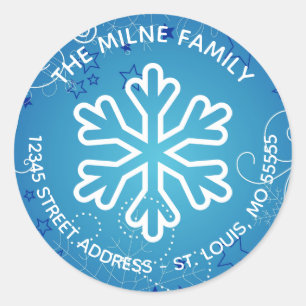 Blue & White Snowflake - Circle Return Address Classic Round Sticker