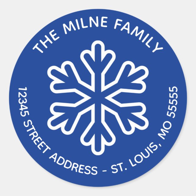 Blue & White Snowflake - Circle Return Address Classic Round Sticker (Front)