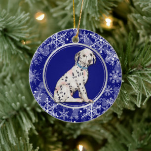 Blue White Snowflake Dalmatian Puppy Ceramic Tree Decoration