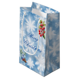 Blue White Snowflake Holly Berries Merry Christmas Small Gift Bag
