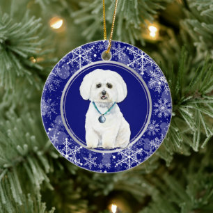 Blue White Snowflake Maltese Dog Christmas Ceramic Tree Decoration