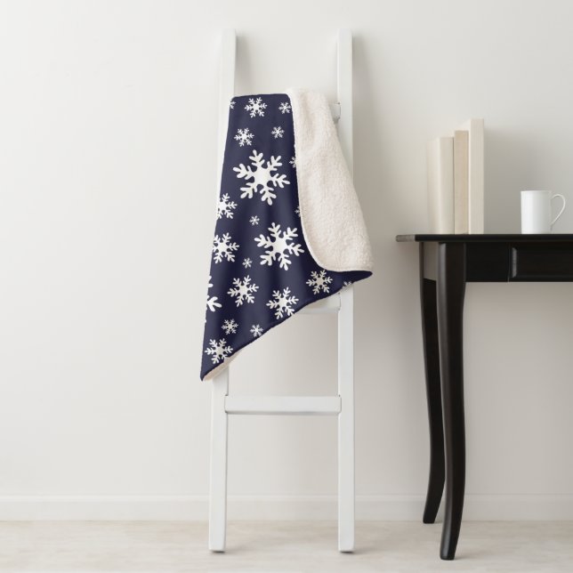Blue White Snowflake Snow Winter Christmas Sherpa Blanket (In Situ)