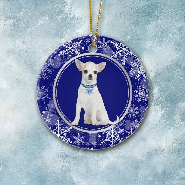 Blue White Snowflake White Chihuahua Ceramic Tree Decoration (Creator Uploaded)