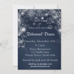Blue White Snowflake Winter Rehearsal Dinner Invitation