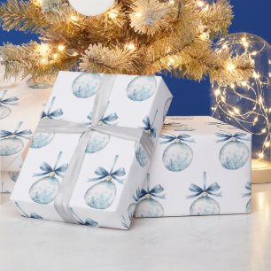 Blue White Snowflakes Bows Bulbs Christmas Wrapping Paper