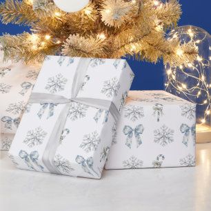 Blue White Snowflakes Bows Candy Canes Christmas Wrapping Paper