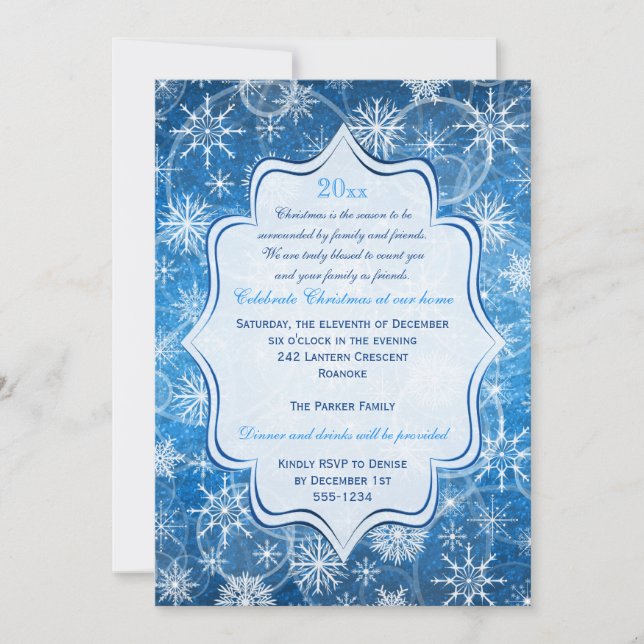 Blue, White Snowflakes Holiday Party Invitation (Front)