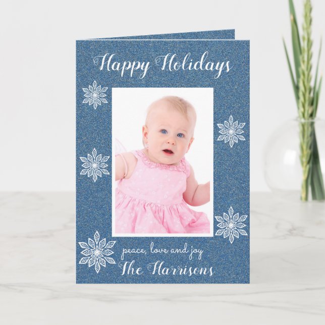 Blue White Snowflakes Holiday Photo Greeting Card (Front)