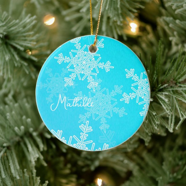 Blue White Snowflakes Minimalist Christmas Name Ceramic Tree Decoration (Tree)