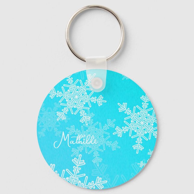 Blue White Snowflakes Minimalist Christmas Name Key Ring (Front)
