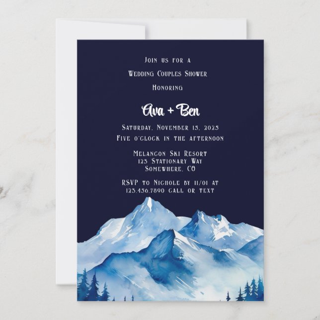 Blue White Snowy Mountains Wedding Couples Shower Invitation (Front)