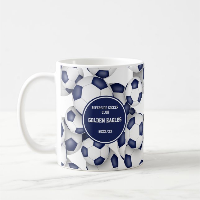 blue white soccer team colours coach name coffee mug (Left)