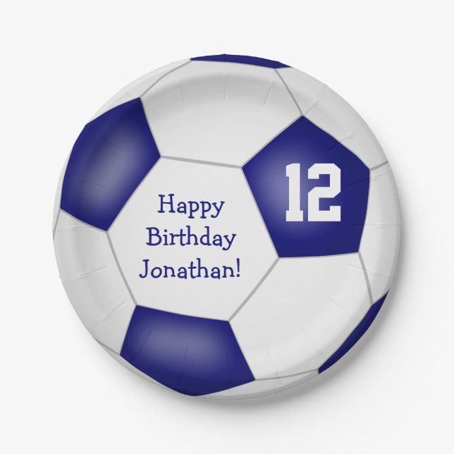 blue white soccer themed kids birthday party paper plate (Front)