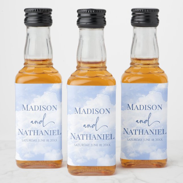 Blue White Sparkle Clouds Dreamy Elegant Wedding Liquor Bottle Label (Bottles)