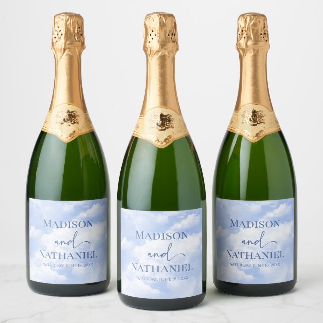 Blue White Sparkle Clouds Dreamy Elegant Wedding Sparkling Wine Label (Bottles)